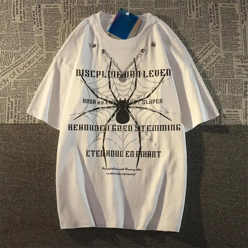 Men and Women Spider Letter T-shirt Loose Short Sleeved Shirt Summer Necklace European and American Cool Clothes for Lovers