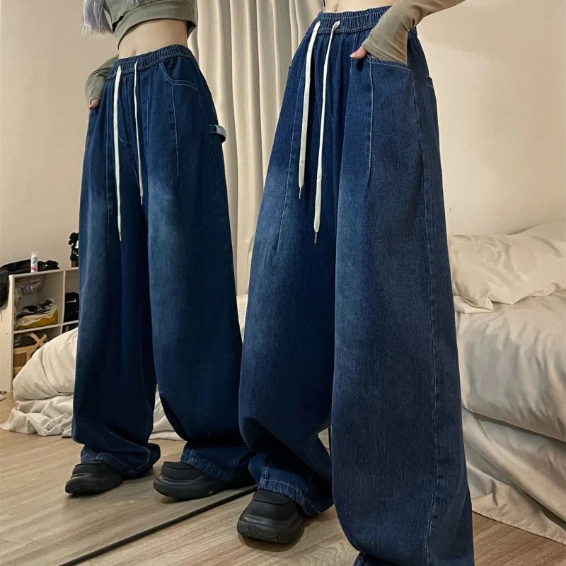 Spring Women Vintage Baggy Jeans Elastic Waist Oversized American Trouser Denim Wide Leg Streetwear Straight Basic Pants Y2k