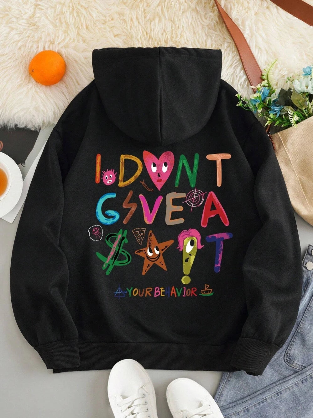 I don't Gsvea Sait Your Be Havior Funny Letter Womens Hoodie Korean Fleece Sweatshirt Crewneck Hooded Street Oversize Clothes