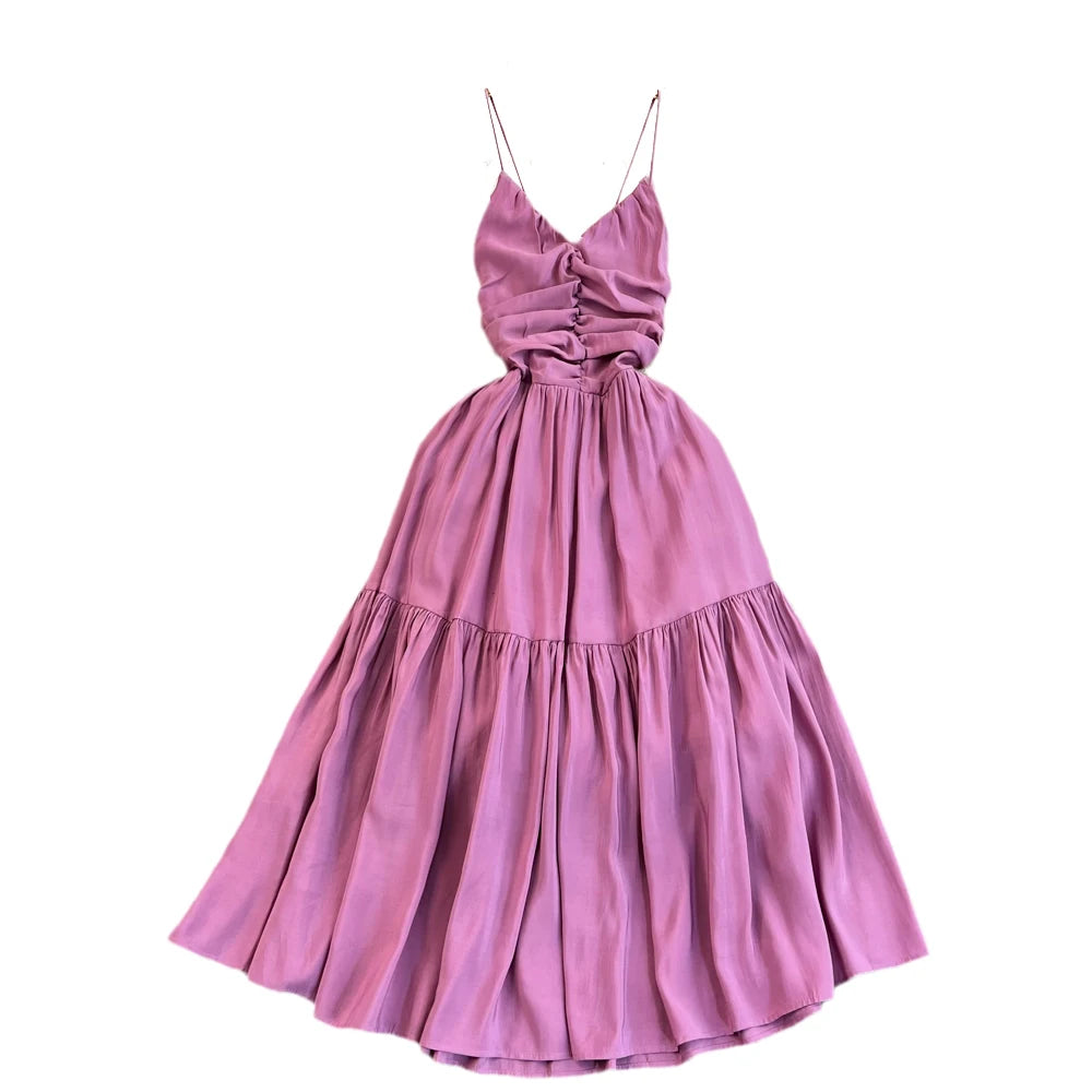 Sweet Solid Pink Robe Camis V Neck Suspender Skirt Summer Seaside Backless High Waist A Line Sleeveless Bandage Pleated Dress