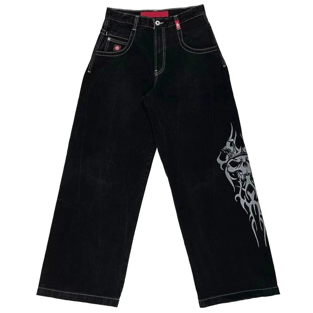 American Retro Black Embroidered Jeans Male Y2K Street Baggy Fashion Gothic Punk Style Loose Casual Joker Cowboy Mop Pants