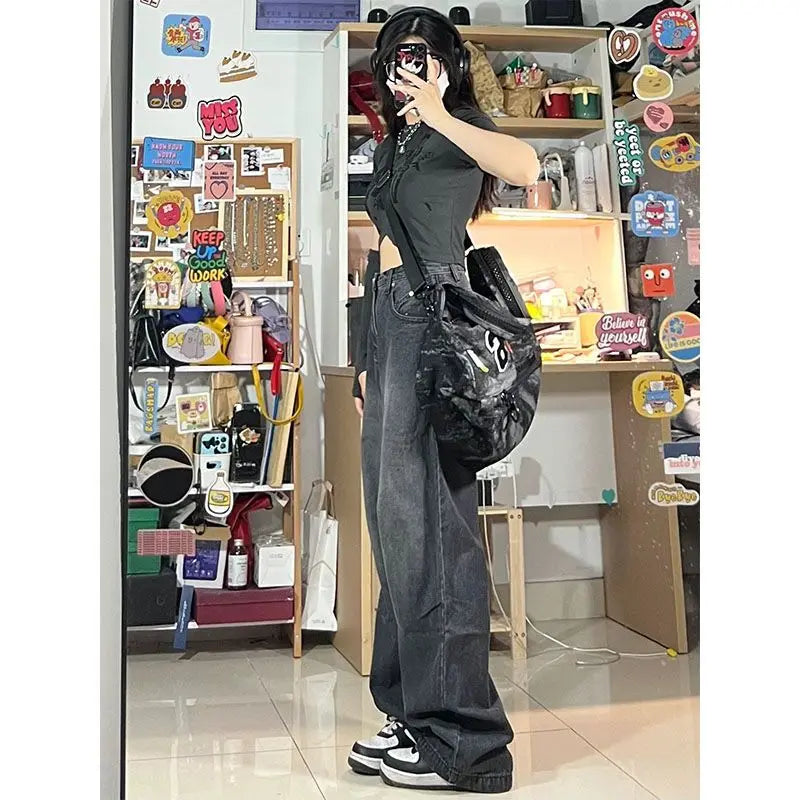 Y2k Straight Denim Trousers Jeans Women Vintage 90S High Waist Loose Wide Leg Casual Long Baggy Pants Clothing Female Streetwear