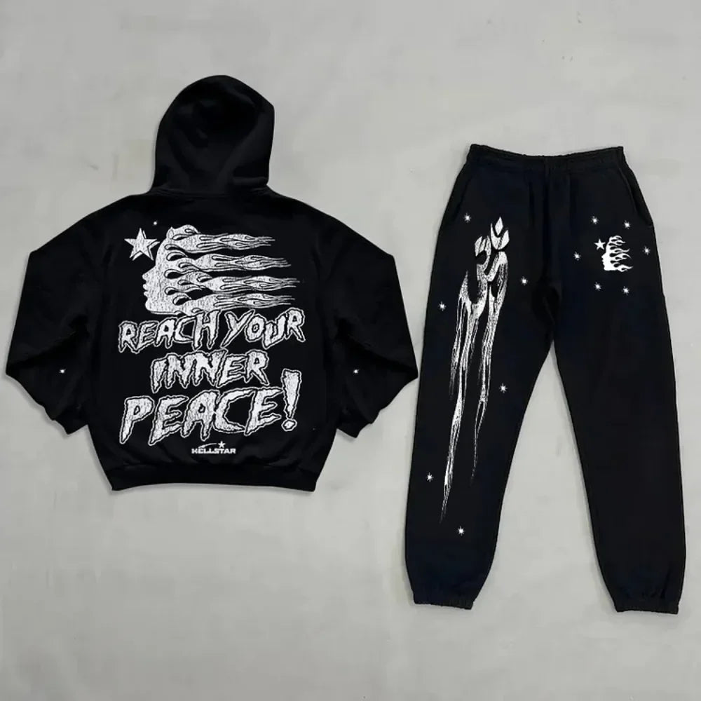 Gothic New Mens Hip Hop Graphic Print Tracksuit Fashion Casual Sweatpants Hooded Sweatshirt Two Piece Track baggy Pants Y2K Suit