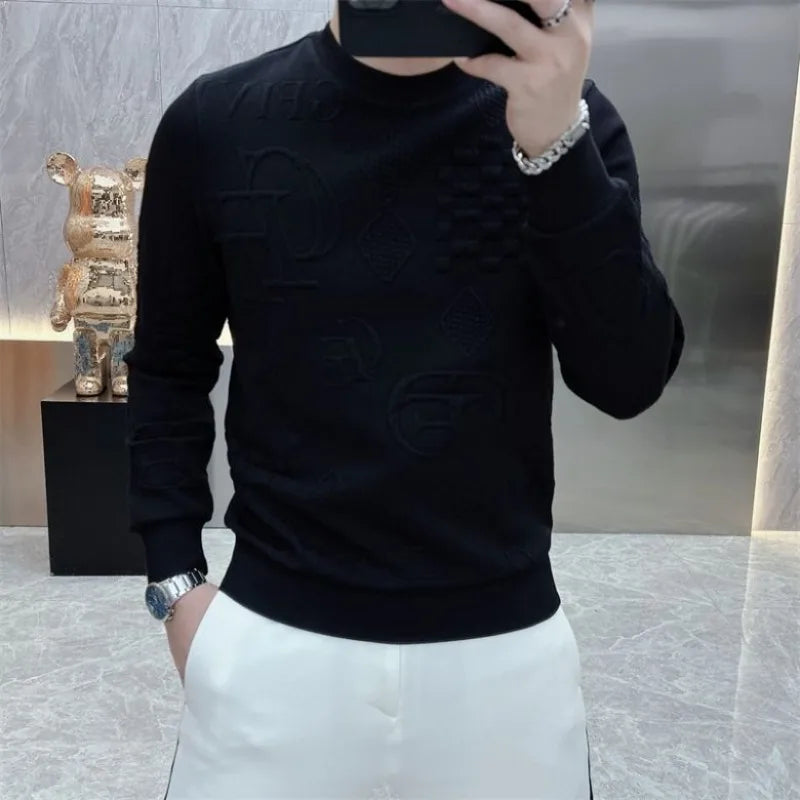 TShirt for Men O-Neck Tee Sweatshirt Autumn Winter Light Luxury Casual Jacquard Men's Fashion High-end Base Top T shirts