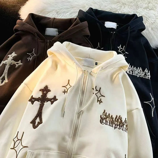 Gothic Embroidery Retro Hoodies Women Harajuku Long Sleeve Zip Up Loose Hooded Sweatshirt Female Casual High Street Jacket Coats