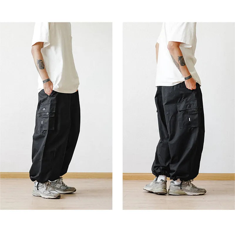 Multi-Pocket Cargo Pants Men's Casual Solid Colour Straight Pants Baggy Wide-leg Cropped Pants Men Ankle-length Pants