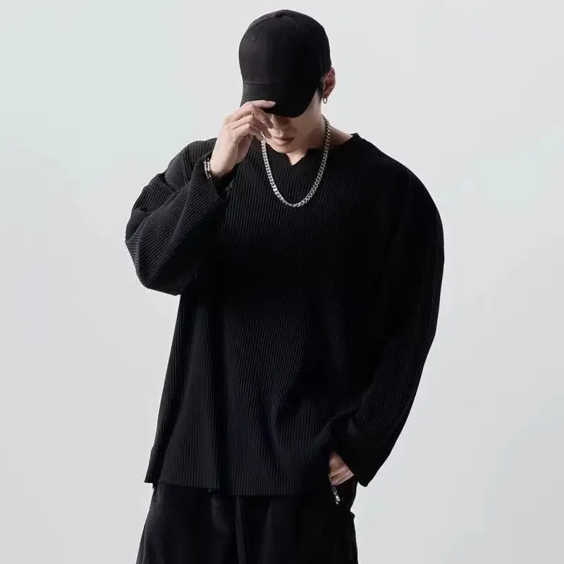 2024 New Trendy Men's Minimalist and Versatile V-neck Pit Stripe Long Sleeved Elastic Solid Casual Loose Oversized T-shirt