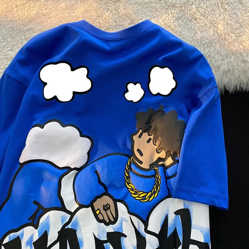 Harajuku Clouds Anime Boy Print High Street T Shirts Men Cool Hip Hop Oversized T Shirt Loose Casual 100% Cotton Summer Y2K Tops