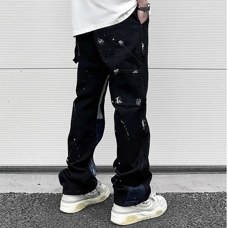 Hip Hop Contrast Color Splice Speckled Ink Paint Micro Flared Jeans for Men Straight Baggy Y2K Denim Trousers Oversized Cargos