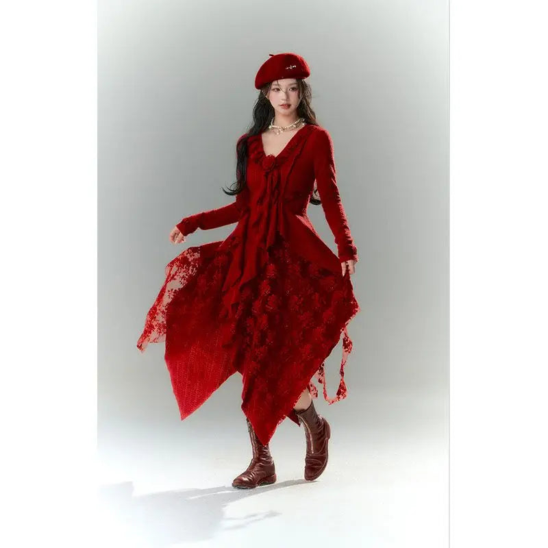 Irregular Knitted Dress with V-neck, Red Lace, Unique Design and Sense of Style for Christmas, Autumn and Winter, New, 2023