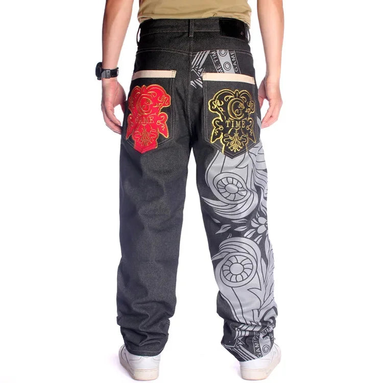 Nanaco Man Loose Baggy Jeans Hiphop Skateboard Embroidery Denim Slacks Pants Men's Black Trousers Chinese Size 30-46