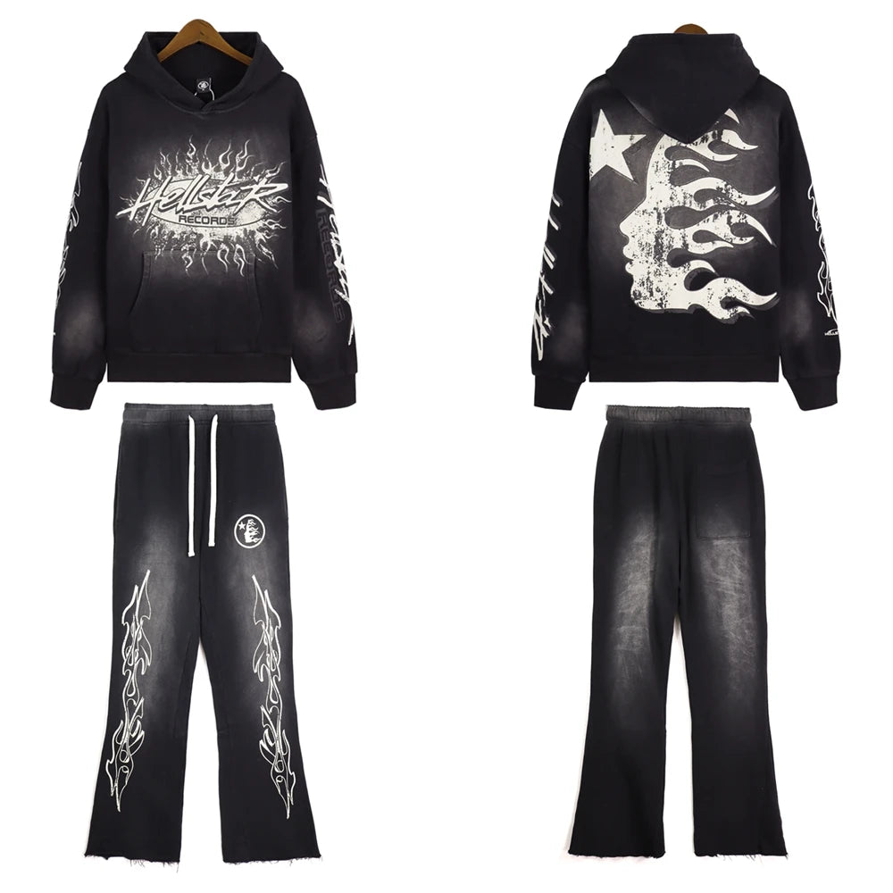 Hellstar Studios High Street Vintage Washed Old Mud Print Men's and Women's Casual Hip Hop High Quality Hoodie Pants Set