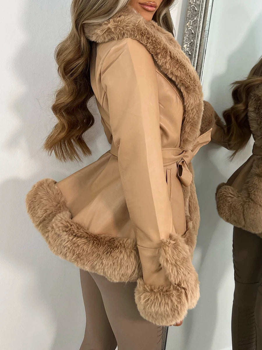 Women Leather Cardigan Jacket Casual Contrast Color Fur Collar Thermal Cardigan Belted Outerwear Streetwear Outerwear Tops