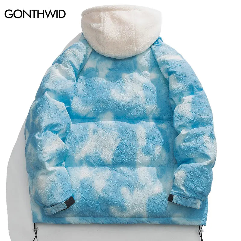 Men Winter Hooded Parka Jackets Streetwear Hip Hop Tie Dye Fuzzy Fluffy Hood Thick Warm Coats Harajuku Fashion Casual Outdoor