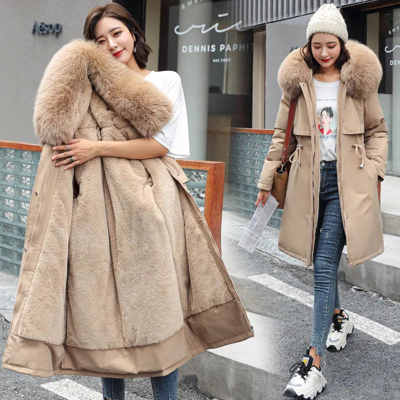 2023 Winter New Cotton Fur Collar Plus Fleece Coat Women Solid Color Down Cotton Jacket for Women