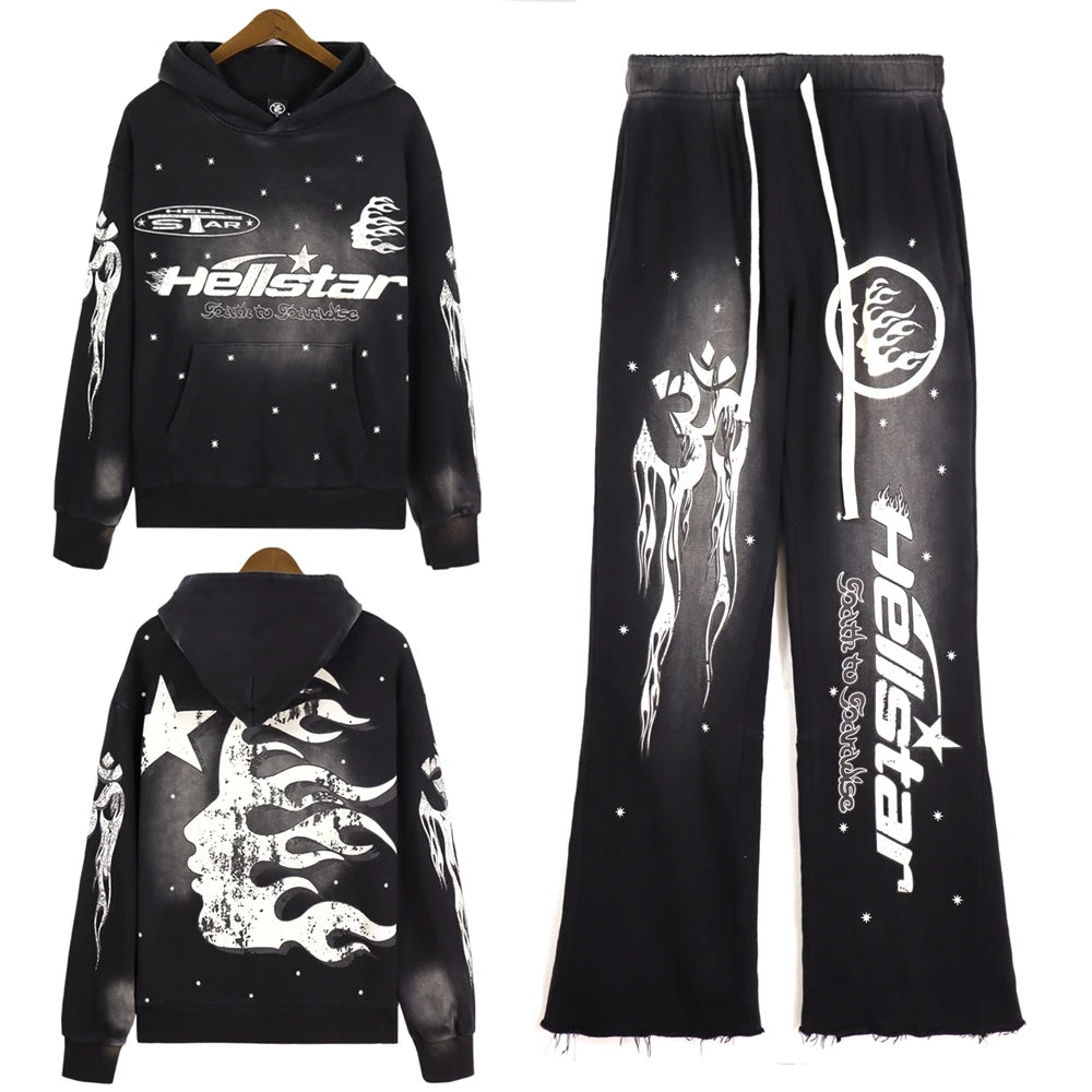 Hellstar Studios High Street Vintage Wash Old Mud Print Men's and Women's Casual Hip Hop High Quality Hoodie Pants Set