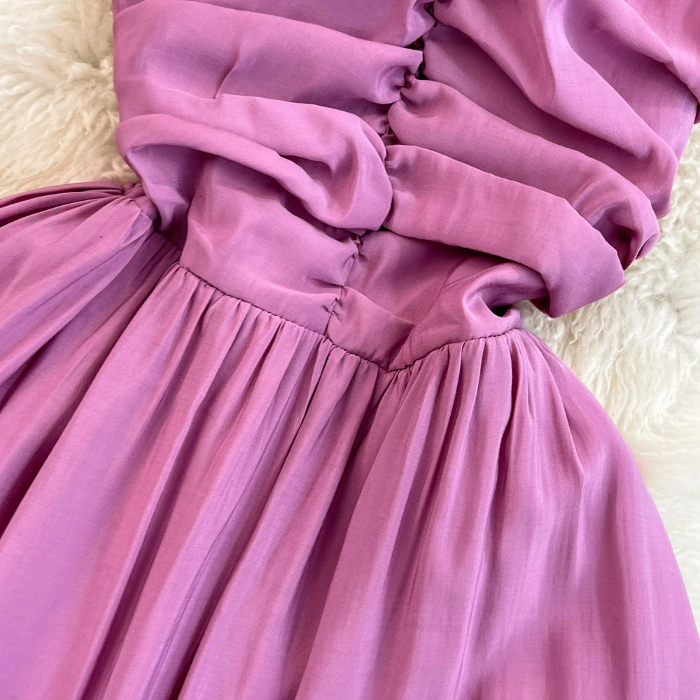 Sweet Solid Pink Robe Camis V Neck Suspender Skirt Summer Seaside Backless High Waist A Line Sleeveless Bandage Pleated Dress