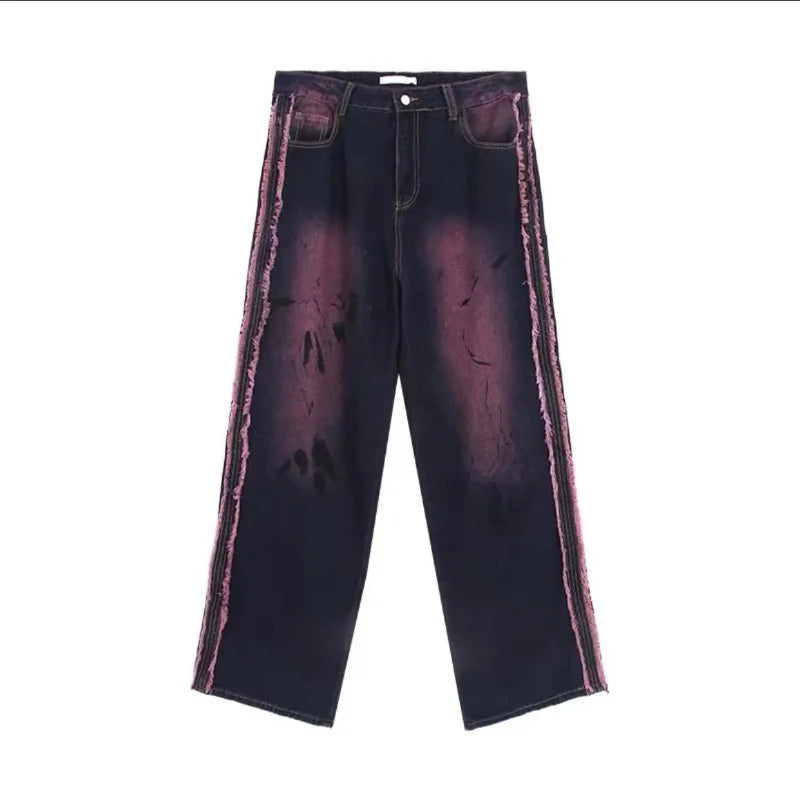 American Retro Color Washed Splashed Ink Tie-dye Raw Edge Women's Straight-leg Buggy Pants Design Loose Trendy Fashion Wide-leg Pants