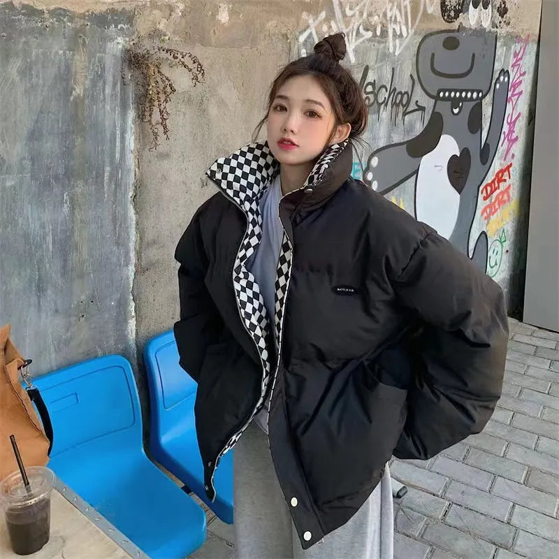 2023 New Winter Down Cotton Jacket Women Zipper Loose Padded Coat Female Solid Thickening Warm Puffer Parkas Jackets Black White