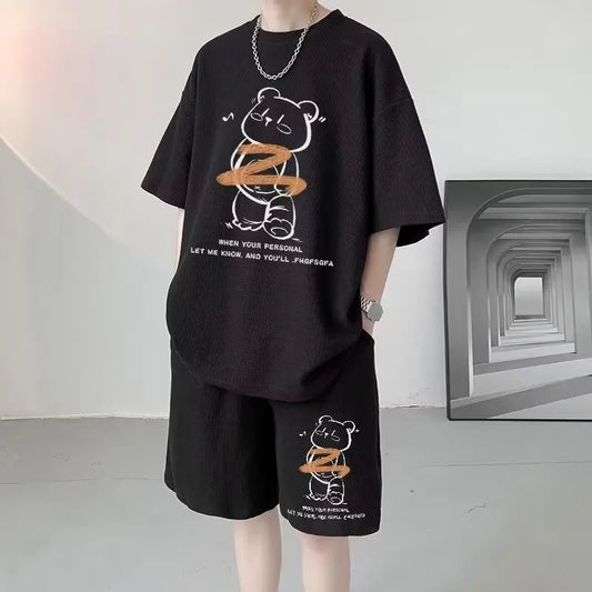 Summer Men Tracksuit Japan Cartoon Streetwear Cool Bear Printed Waffle T-Shirts Shorts 2 Piece Set Hip Hop Casual Short Suit New