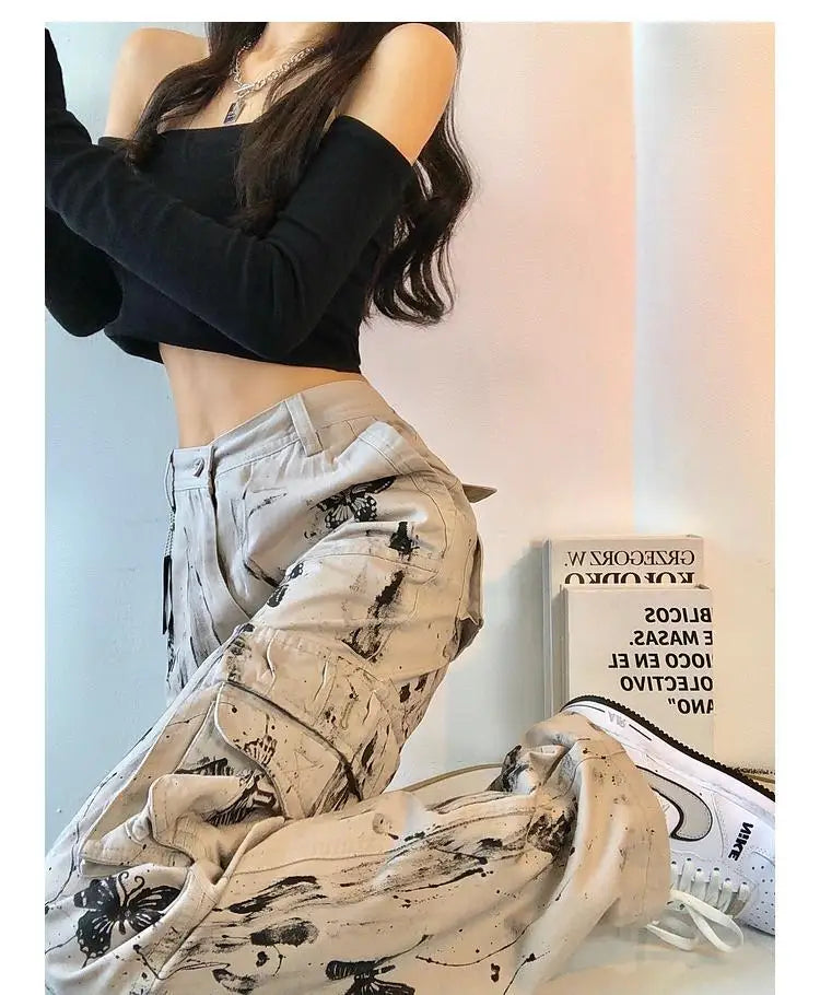 American y2k women spring Splattered ink tie-dye butterfly tooling pants  straight loose hot girl high street design pants