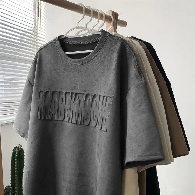 Suede t-shirt men summer retro short sleeved tide brand trend oversize casual all match y2k tops men clothing harajuku t shirt