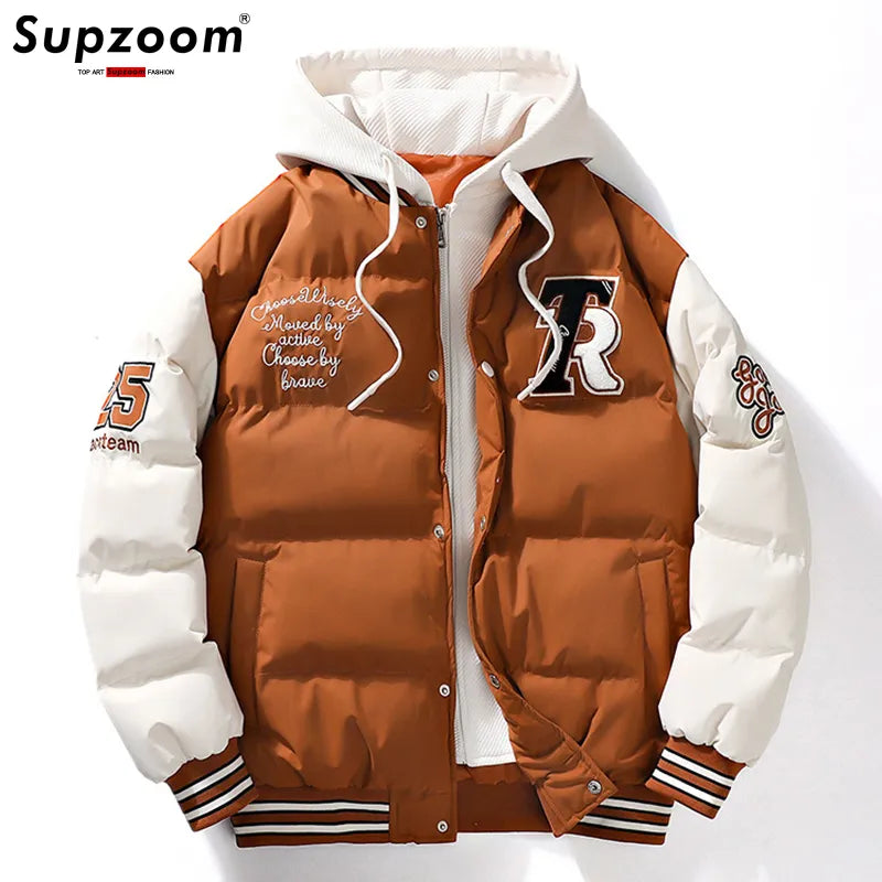 Supzoom New Arrival Casual Embroidery Mens Winter Trendy Fake Two-piece Hooded Bread Suit Couple Cotton-padded Jackets And Coats