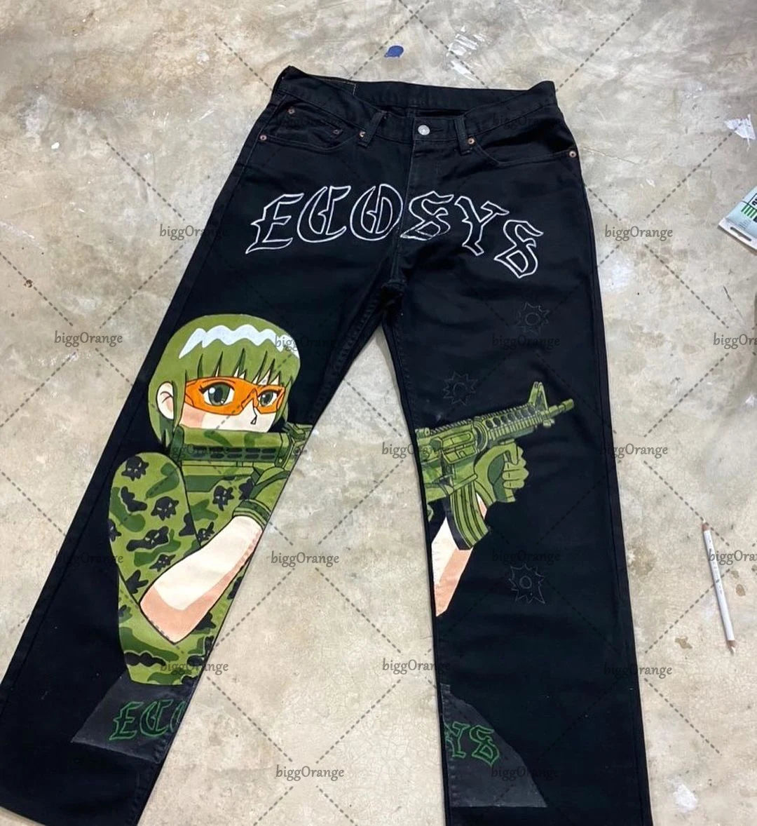 Y2K anime printed street hip-hop high-waisted jeans female punk Harajuku casual trousers sexy all-match wide-leg pants men