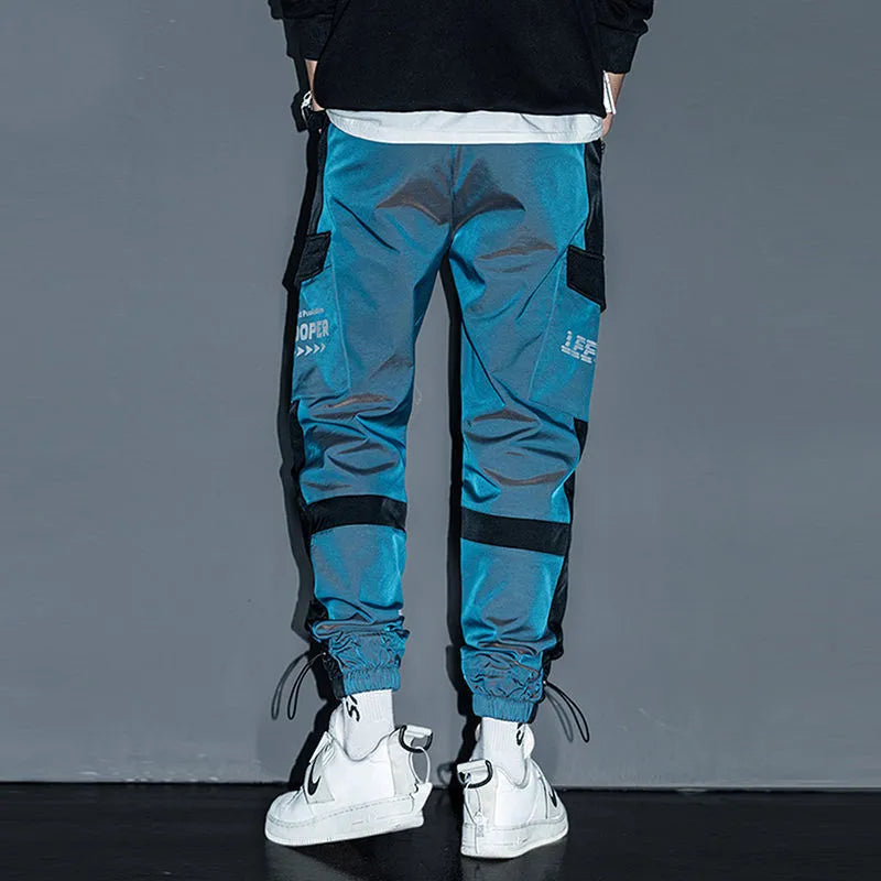 Hip Hop Streetwear Baggy Pants Men Student Casual Cargo Pant Trousers High Street Elastic Waist Loose Laser Harem Pant Boys