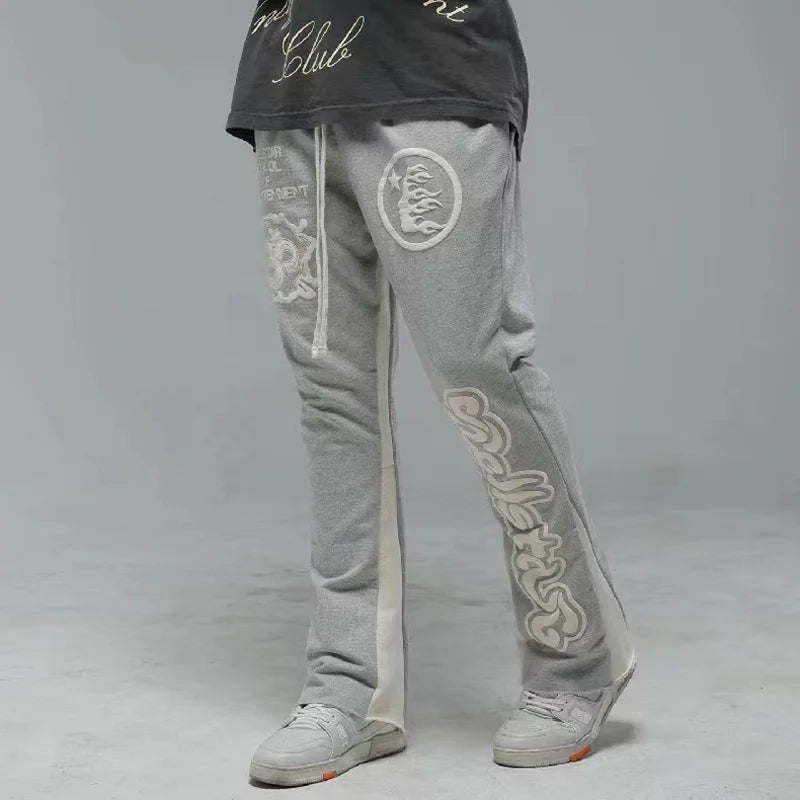 Y2K Vintage Men Streetwear Grey Baggy Hell Star Cargo Sweat Pants Trousers Joggers Hellstar Flare Stacked Sweatpants Clothes