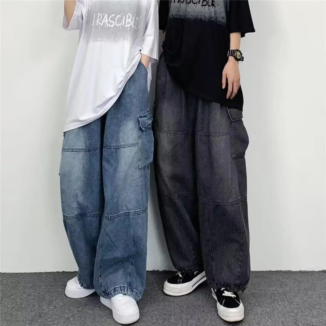 Vintage Y2K Fashion Streetwear Baggy Cargo Jeans for Men High Waisted Straight Wide Leg Pants Male Loose Denim Trousers 2023 New