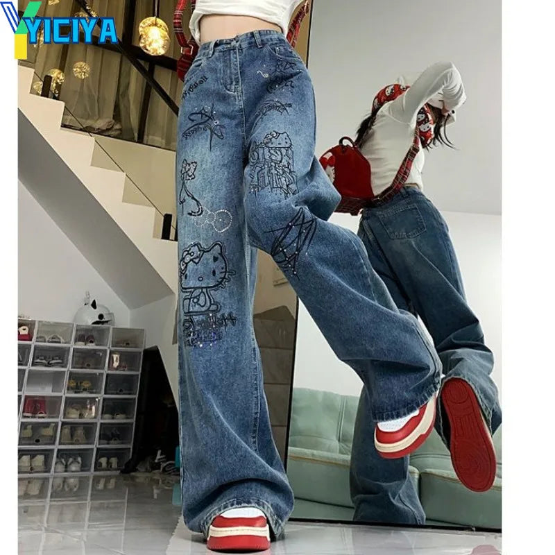 YICIYA y2k style blue jeans hellokitty Women streetwear Full Length baggy pants Denim STRAIGHT Trousers Aesthetic clothing pants