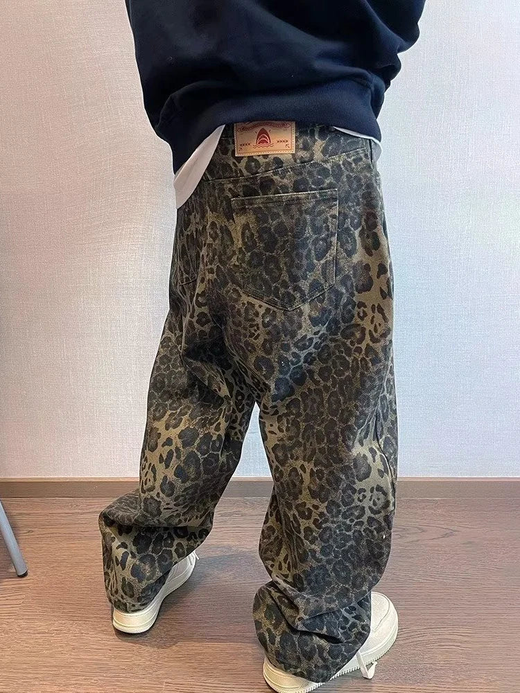 HOUZHOU Tan Leopard Jeans Men Denim Pants Male Oversize Wide Leg Trousers Streetwear Hip Hop Vintage Clothes Loose Casual