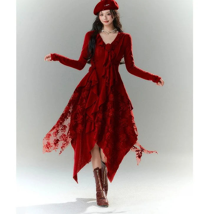 Irregular Knitted Dress with V-neck, Red Lace, Unique Design and Sense of Style for Christmas, Autumn and Winter, New, 2023