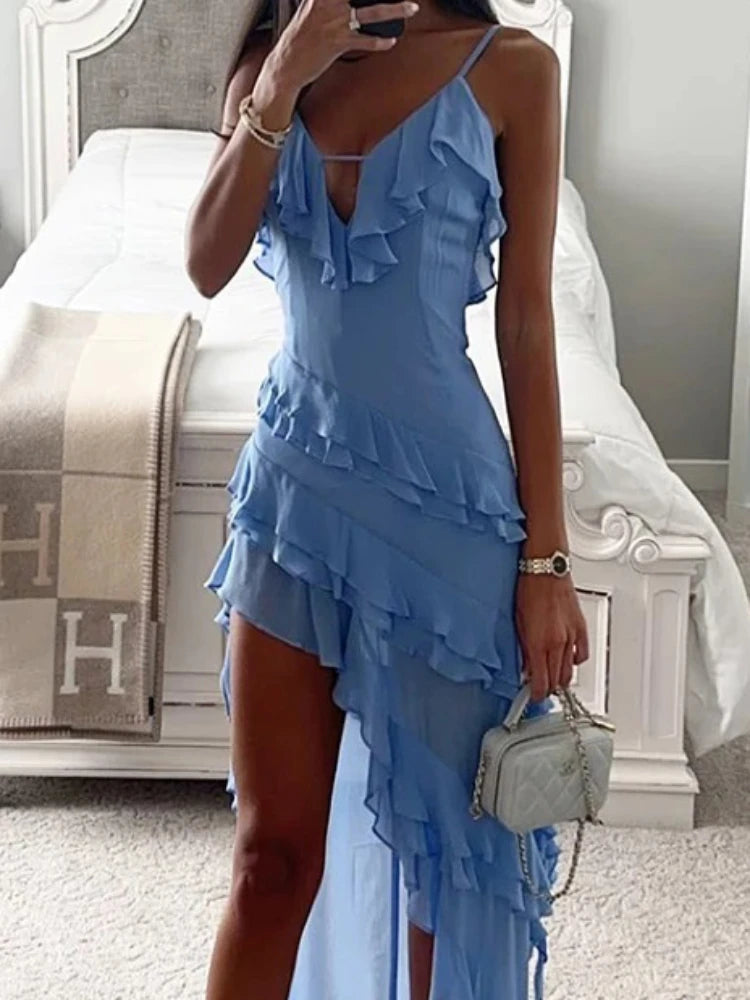 Holiday Maxi Midi Ruffles Beach Dress 2024 New Fashion Solid Color A-line Midi Dress Summer Sexy Strap Irregular Dress