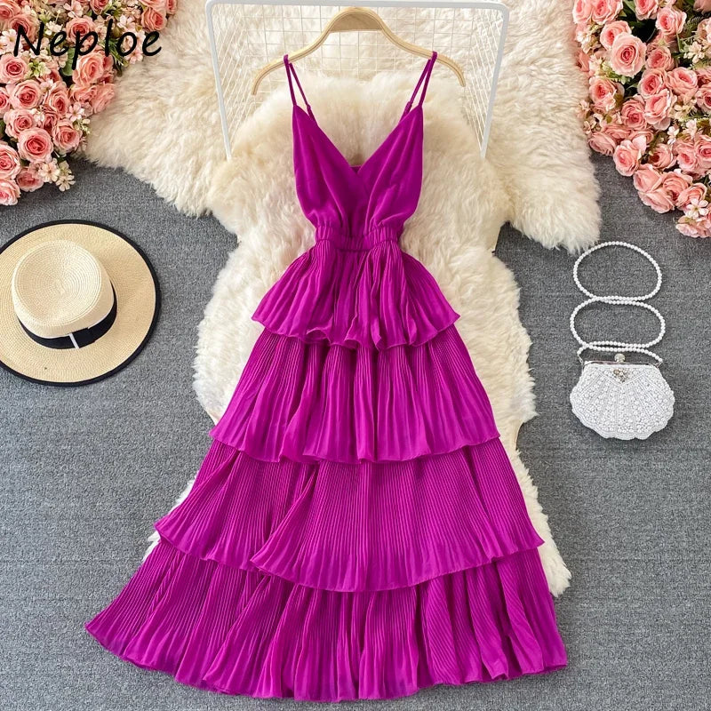 Neploe V Neck Sleeveless Shoulder Strapless Camis Dress Women Ruffles Patchwork Multicolor Holiday Vestido High Waist Hip Robe